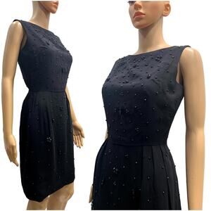 60s Black Beaded Cocktail Dress | Mid Century MOD Wiggle Dress LBD| Fits XS/S